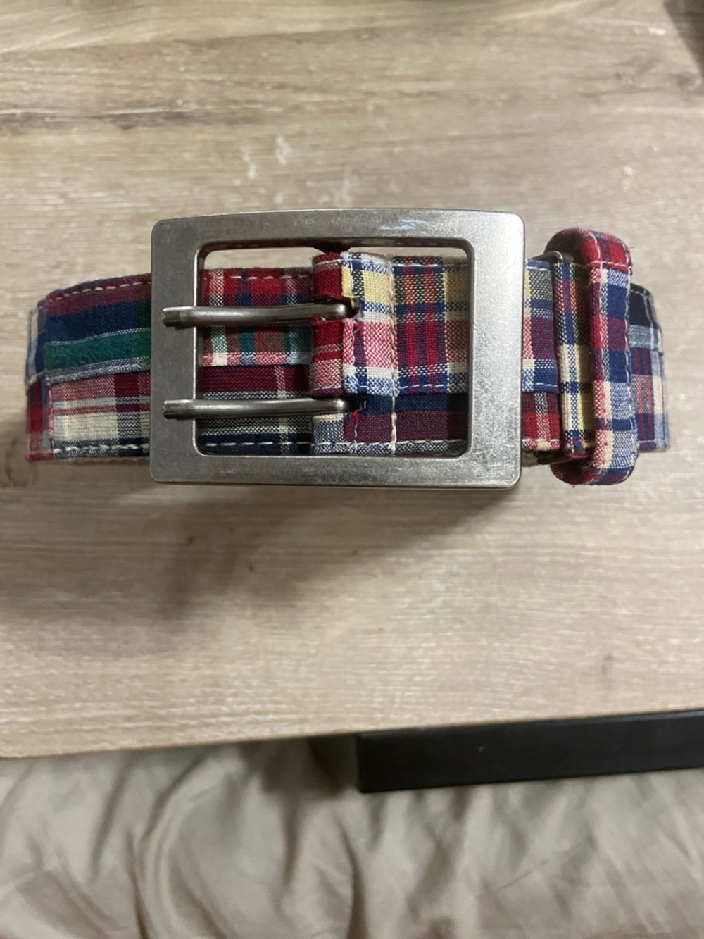 Men's Plaid Cotton Belt with Silver Buckle - Red & Blue
